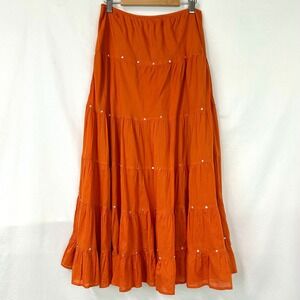 VINTAGE Y2K Orange Beaded Tiered Peasant Maxi Skirt 100% Cotton Women's S Boho